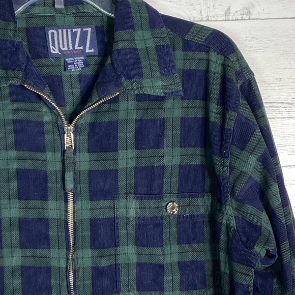 Vintage Quizz Blue Green Plaid Flannel Zip Shirt Jacket Women Medium 90s - Picture 2 of 5